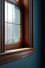 Fototapeta premium Stained glass window casting colorful light, enhancing wooden fr