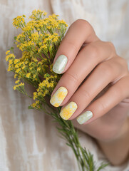 Close-up of a hand with yellow floral nail art holding fresh flowers spring inspired manicure with delicate daisy design