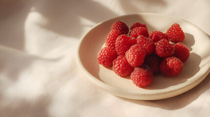 Fresh raspberries sit elegantly on a plate bathed in soft light, showcasing their vibrant color and texture.