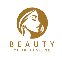 Elegant beauty logo featuring a minimalist female face in profile within a circular frame, ideal for cosmetics, skincare, salon, or wellness branding