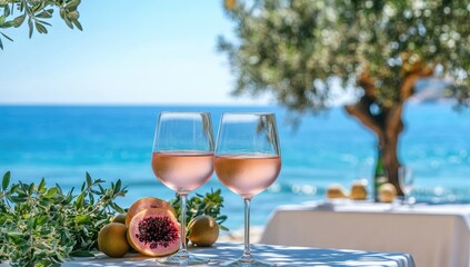 Rose wine glasses by the ocean