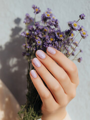 Iridescent soft pink nails with glitter holding fresh purple flowers in sunlight
