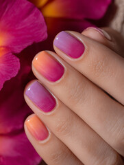 Shimmer gradient nails in purple, pink, and peach tones with tropical flower background
