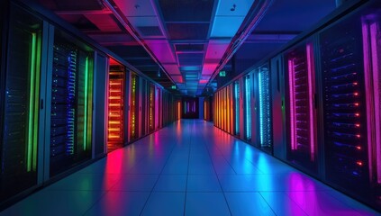 Colorful server room, vibrant lights