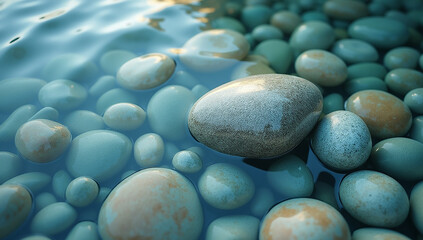 Overhead view of smooth river pebbles in clear water, tranquil, natural textures, peaceful scene.