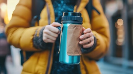 Person holding a teal thermos