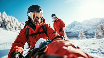 The image features two skiers descending a snowy mountain, showcasing the thrill of winter sports and the beauty of a serene landscape bathed in sunlight.