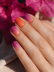 Gradient sunset nails in pink and orange tones with shimmer and floral background