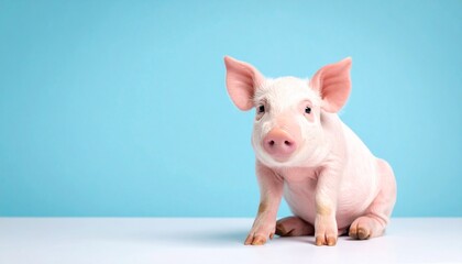 パステルブルーの優しい背景に座る子豚が、紙の質感と余白の中で穏やかな静けさを演出する構図

