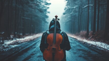 Person walking in a winter forest with cello