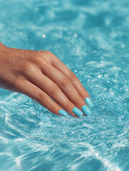 Blue glitter nail polish on wet hand touching pool water in summer light