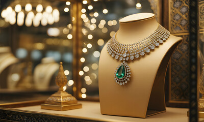Elegant Diamond and Emerald Necklace on Display