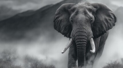 Naklejka premium Majestic Elephant in Monochrome: A captivating monochrome shot of a giant elephant, tusks gleaming, strides forward with imposing presence and strength, set against a background of misty mountains.