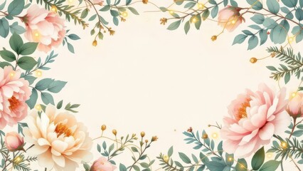Watercolor Floral Frame with Beautiful Flowers and Green Leaf Pattern