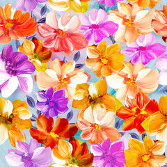 Seamless pattern of abstract painting flowers, original hand drawn, impressionism style, color texture, brush strokes of paint,  art background.