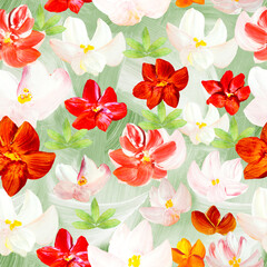 Seamless pattern of abstract red and white flowers. Original hand drawn, impressionism style, art painting, creative hand painted background, brush texture, acrylic.