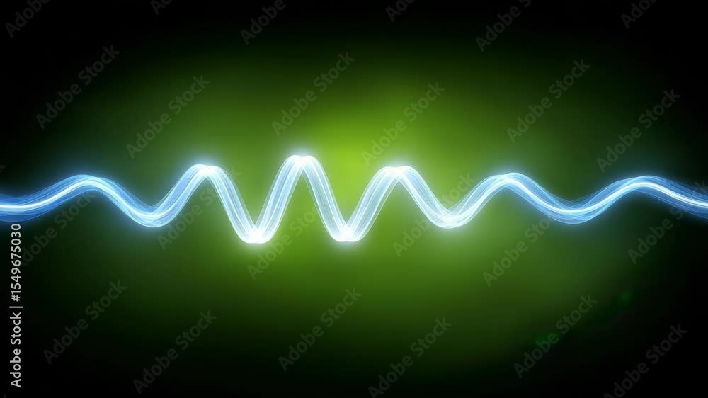 Poster vibrant audio waveforms in blue and green on a dark background representing sound frequency and tech