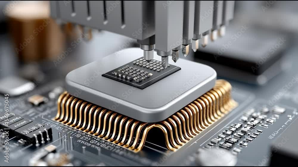 Poster precision assembly: a close-up view reveals the meticulous process of assembling a computer chip ont