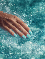 Sparkly turquoise nail polish on wet hand in shimmering blue water