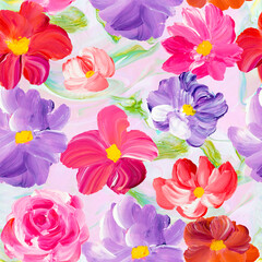 Seamless pattern of abstract purple, red and pink flowers, original hand drawn, impressionism style, color texture, brush strokes of paint, art background