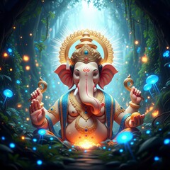 A spiritual fantasy art piece showing Lord Ganesha, the remover of obstacles, in a serene, glowing, magical forest
