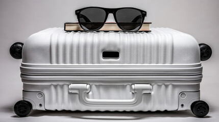 There are books and sunglasses on the white suitcase