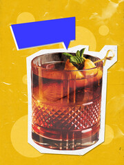 A colorful paper collage illustrates a whiskey cocktail set against a lively backdrop,...