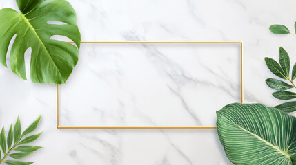 Green leaves with golden border on marble background