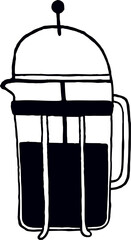 Minimalist hand-drawn illustration of a French press filled with coffee in black line art
