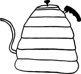 Minimalist hand-drawn illustration of a metal gooseneck kettle with a long curved spout used for pour-over brewing