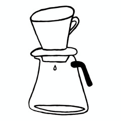 Minimalist hand-drawn illustration of a V60 pour-over coffee setup including glass carafe, V60 dripper, coffee filter, drip representing the brewing process