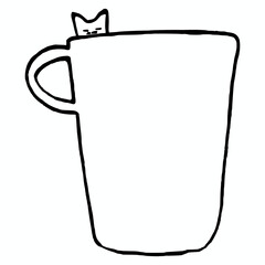 Minimalist hand-drawn illustration of a typical office coffee mug featuring a simple cat peeking over the rim