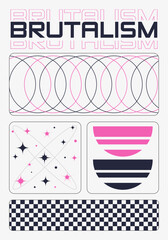 Retro poster with  brutalist abstract geometric elements. Minimalist Y2K aesthetic design.