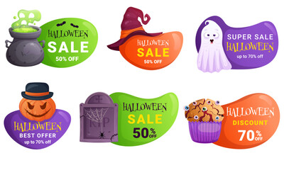Halloween sale badge set with witch cauldron, ghost, pumpkin, potion, witch hat and creepy muffin. Cartoon discount label collection with spooky elements.