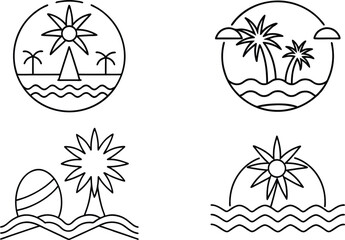 set of vector icons of nature, summer icons set, tropical island with palm trees, sailing boat on the sea, boat on the sea.