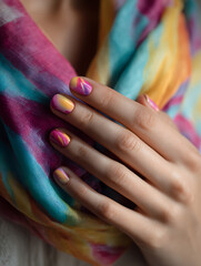Close-up of colorful hand-painted nails with pink and turquoise polish wrapped in a vibrant scarf – nail art and manicure concept