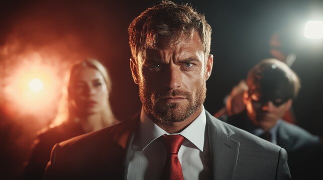 A poised man in a suit gazes intensely, surrounded by shadowy figures, creating an air of intrigue and drama that captivates viewers with its enigmatic atmosphere.