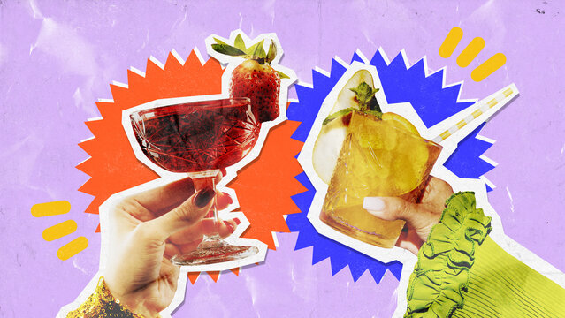 Paper cut collage cocktails with colorful bursts are perfect for promoting drinks and event invites. Design idea for marketing content.