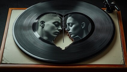 Broken heart vinyl record with two faces