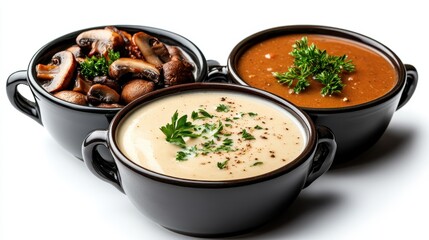 A delightful trio of soups in elegant black pots, showcasing a creamy texture, earthy mushrooms, and a rich brown broth, perfect for any culinary stock image collection.