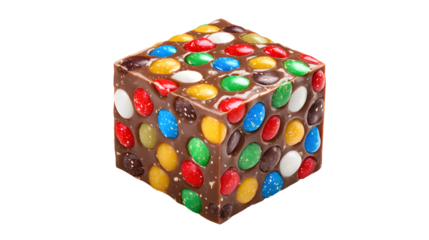 A colorful chocolate candy cube with a variety of different colored candies