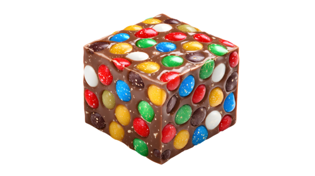 A colorful chocolate candy cube with a variety of different colored candies