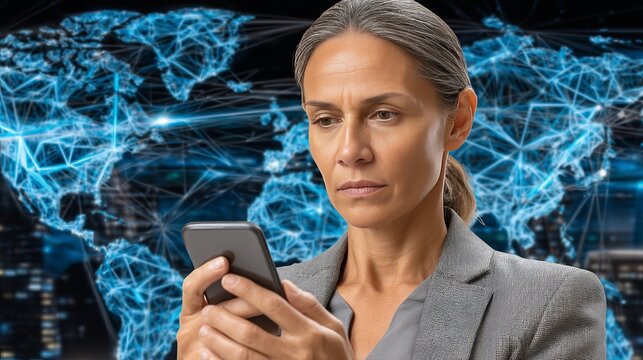 Businesswoman using smartphone with digital world map background - Powered by Adobe