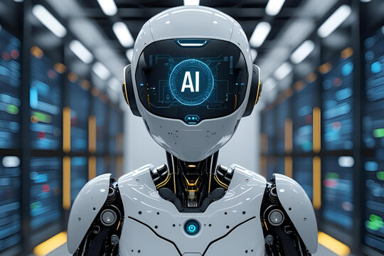 Futuristic Humanoid Robot with AI Display in a Server Room