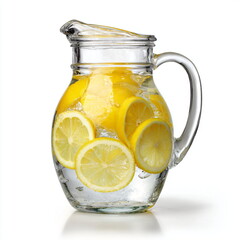 glass pitcher with water and lemon slices, isolated on white background