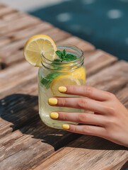 Bright Yellow Summer Nails Holding Lemonade Jar by Poolside