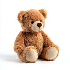 plush teddy bear sitting, classic brown, isolated on white background