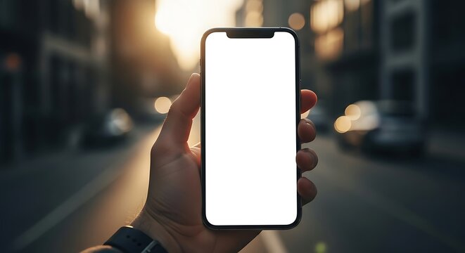Hand holding a blank smartphone screen against a blurred city street at sunset