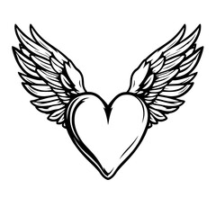 Obraz premium Heart with Wings: A Vintage Line Art Illustration of a heart with majestic wings, rendered in a bold monochrome style, perfect for design projects.