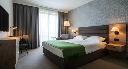 Hotel room, Bedroom, Interior design, Modern Hotel Room Interior with Comfortable Bed and Desk